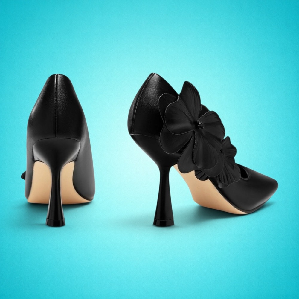 New Women's Elegant Black Pointed-Toe Heels With Flowers, Size 9 - Picture 4 of 6